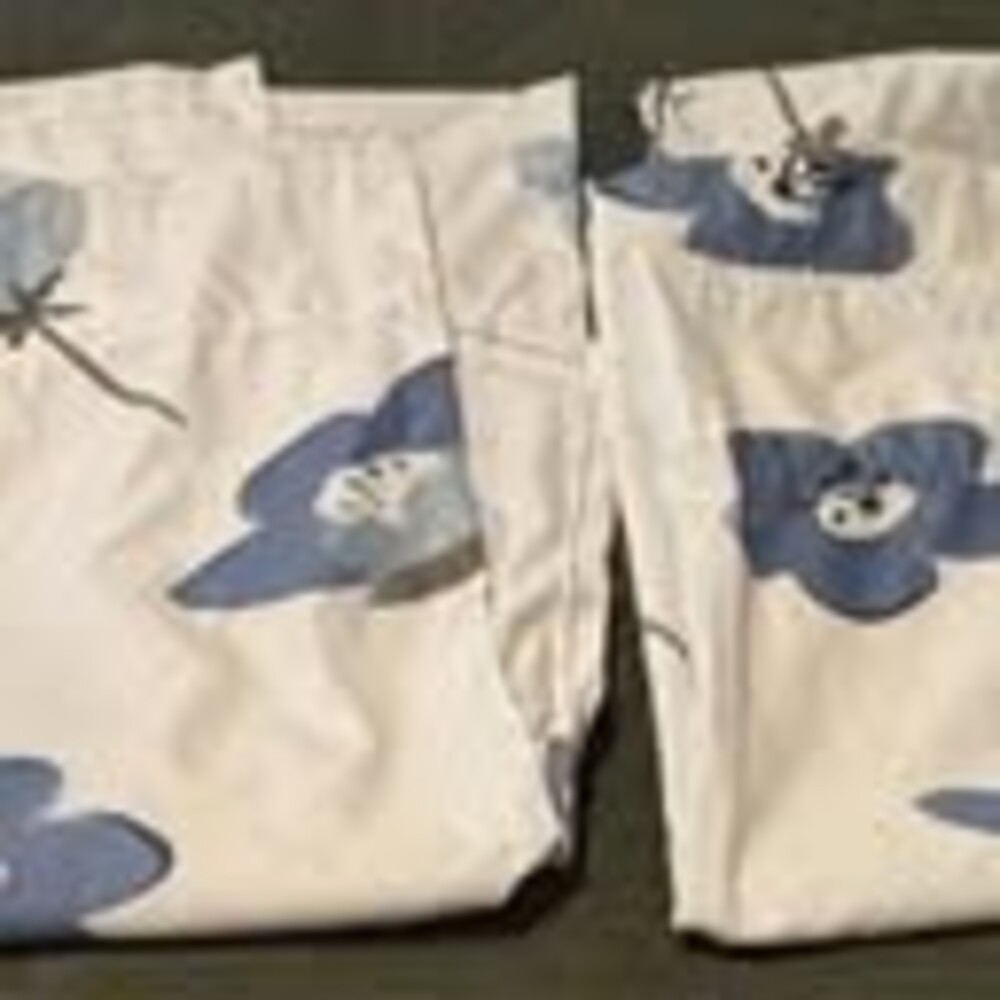 Pair Blue Floral Curtain Panels White Blue Gray Rod Pocket Approx. 63” x 63”